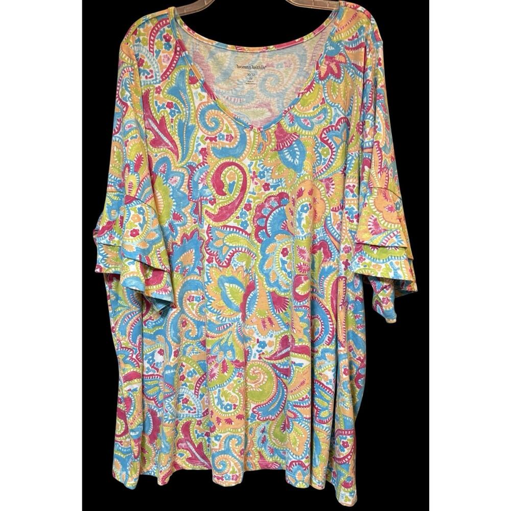 Woman Within Colorful Paisley Knit Top 3/4 Ruffled Sleeves Size 3X (30/32)